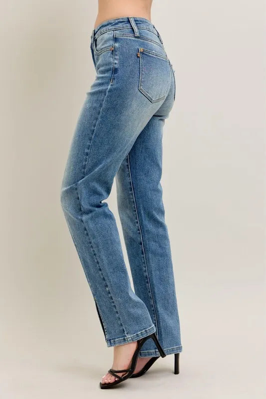 High Waist Front Seam & Slit Straight Jeans