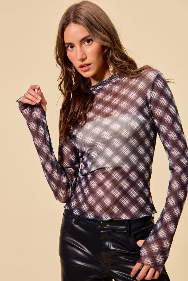 Plaid Mesh Knit Top with Thumb Opening
