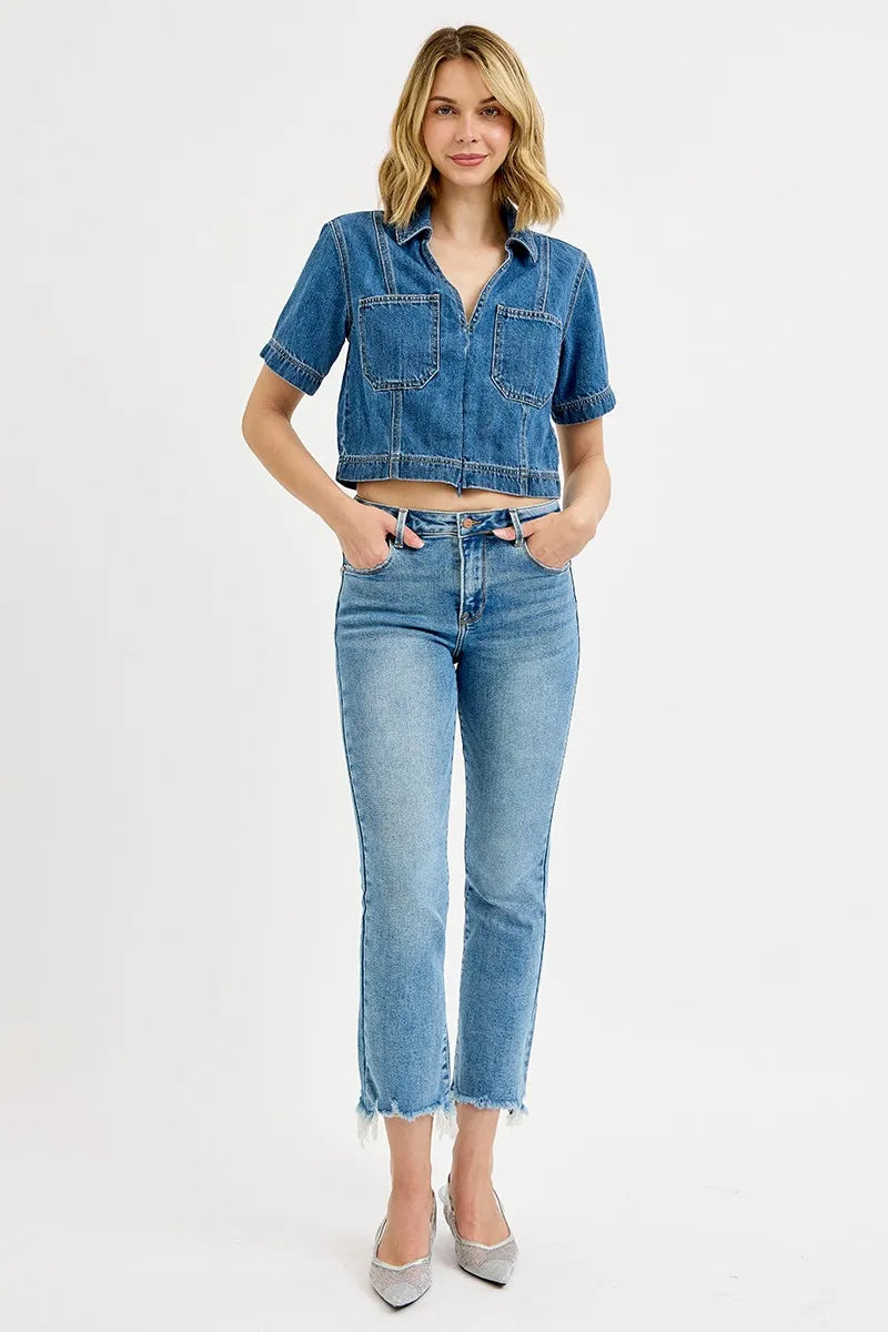 Mid Rise Crop Straight Slim Jeans