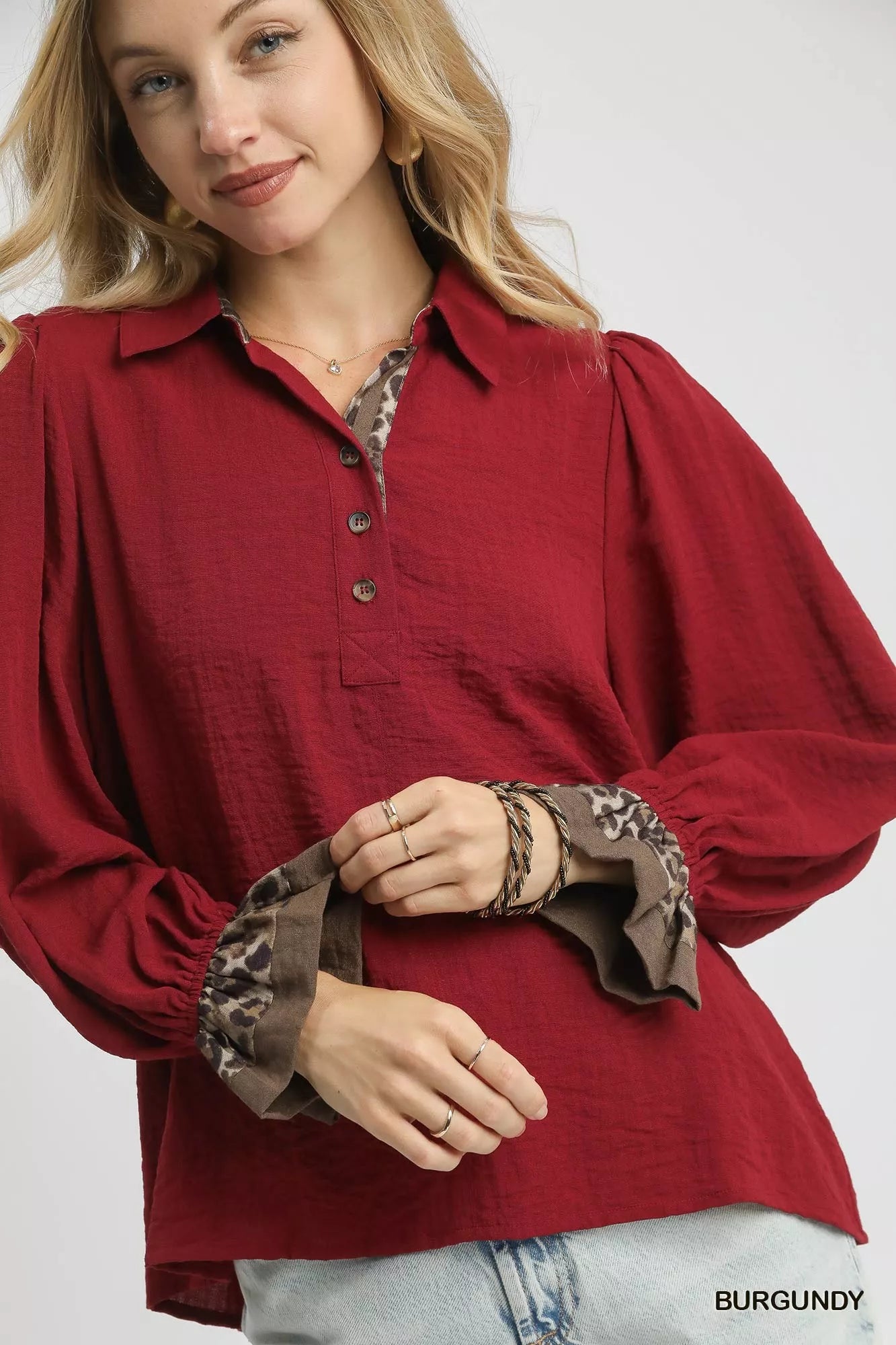 Half Button Blouse with Leopard Print Trim