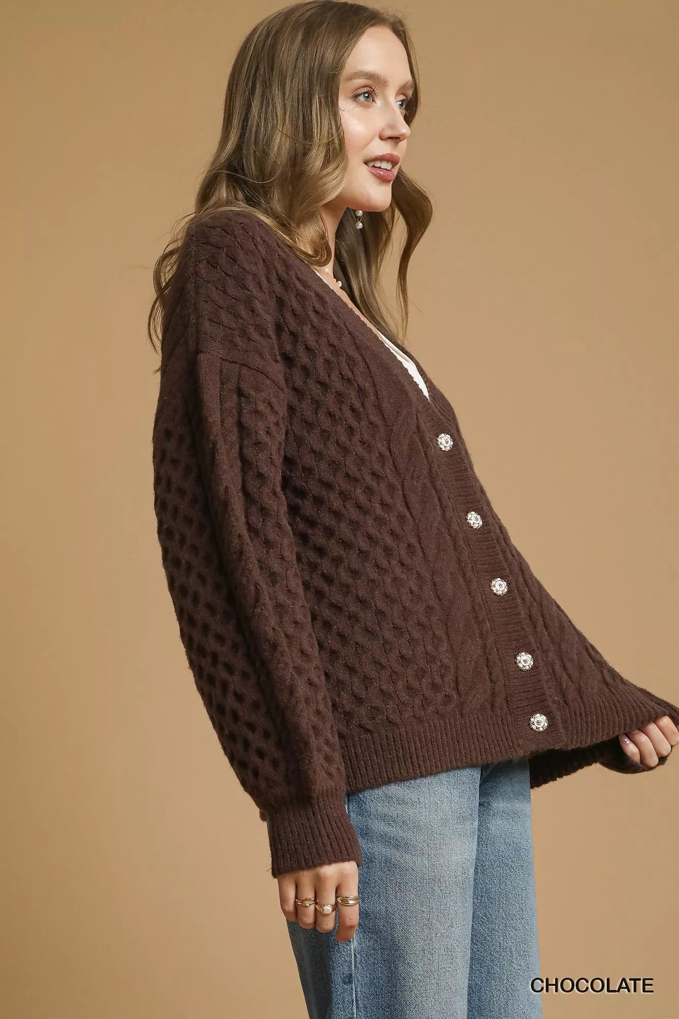 Cable Knit Pearl Button Cardigan