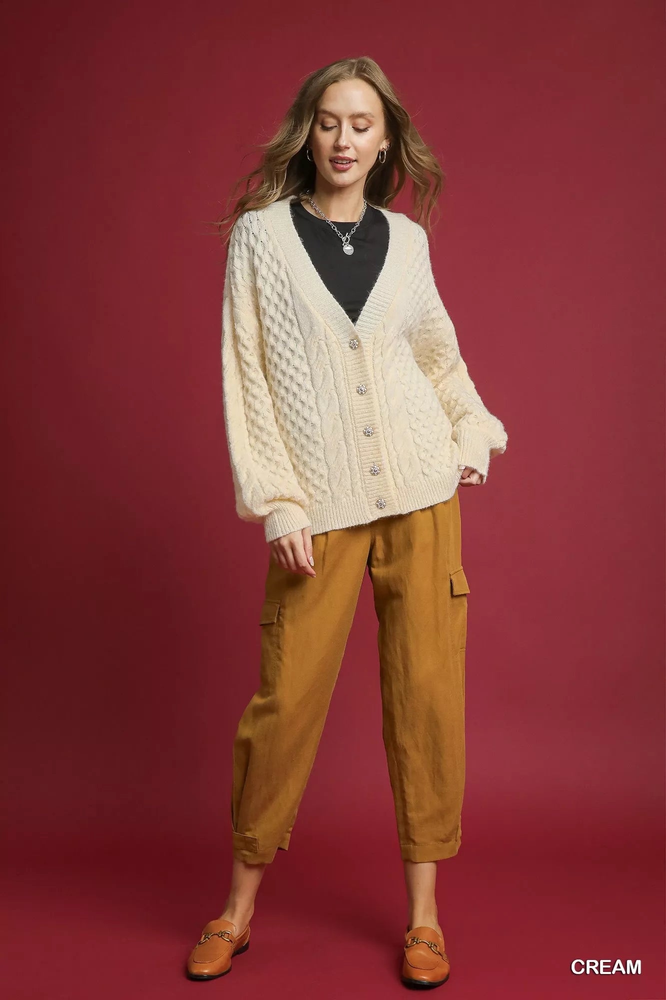 Cable Knit Pearl Button Cardigan