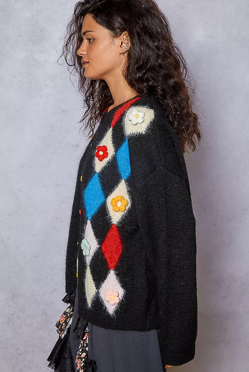 Button Down Diamond Pattern Cardigan