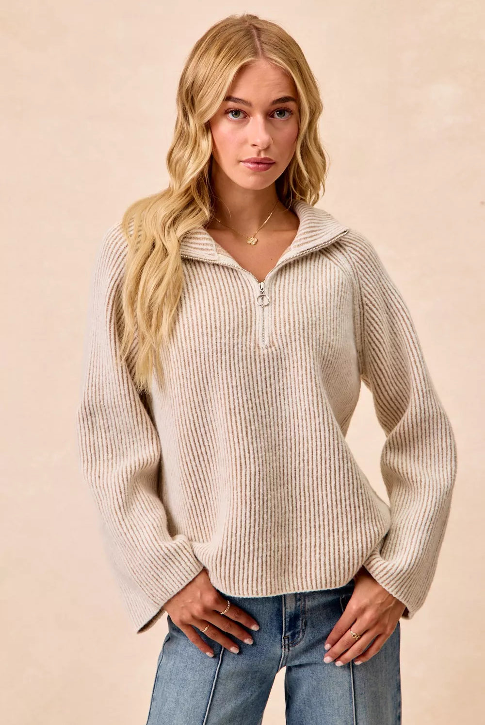 Rib Textured Knit Collared Top with Zip Up