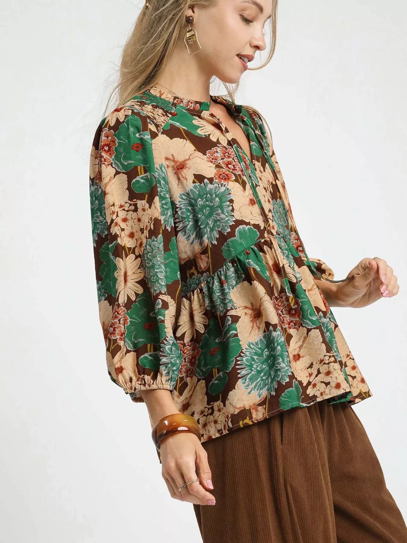 Floral Peplum Blouse with Tie Neck