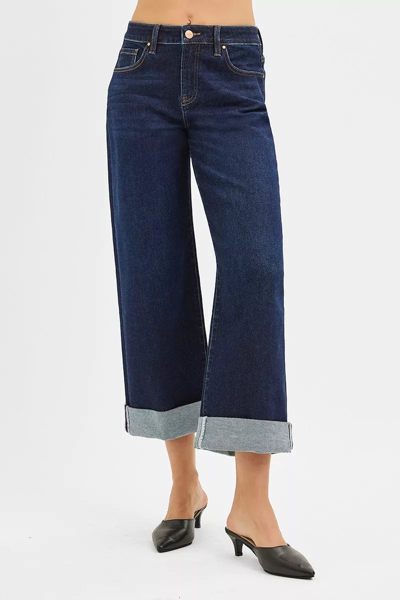 Mid Rise Fit Ankle Wide Roll Up Jeans