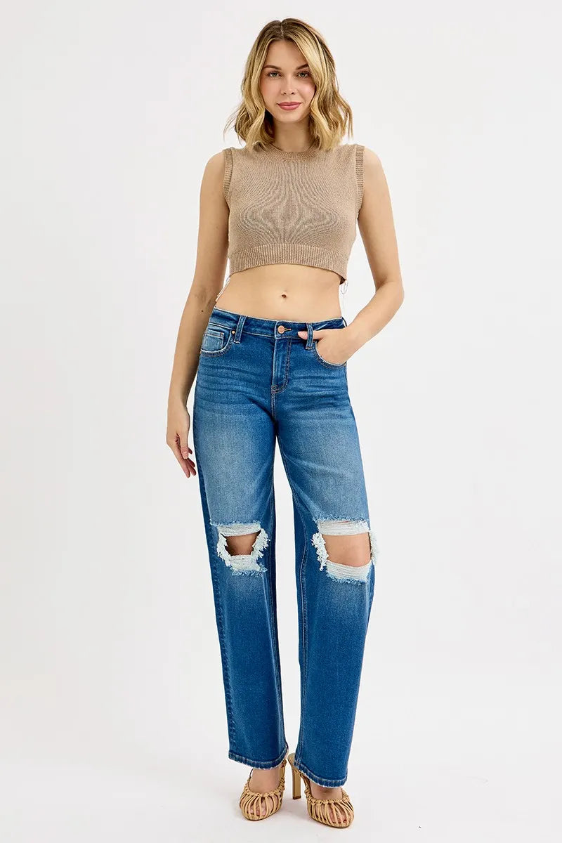 Mid Waist Boyfriend Distressed Jeans