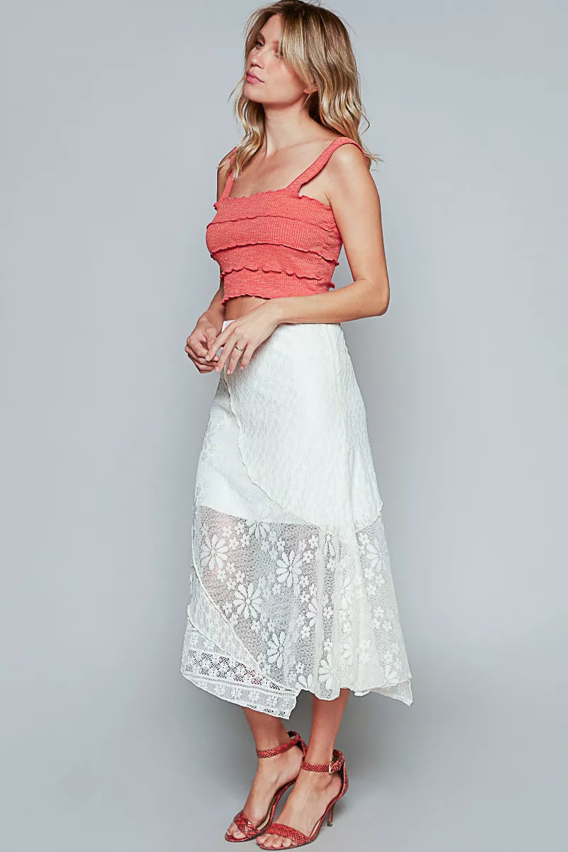 POL Ruffled Floral Lace Skirt with Unbalanced Hem