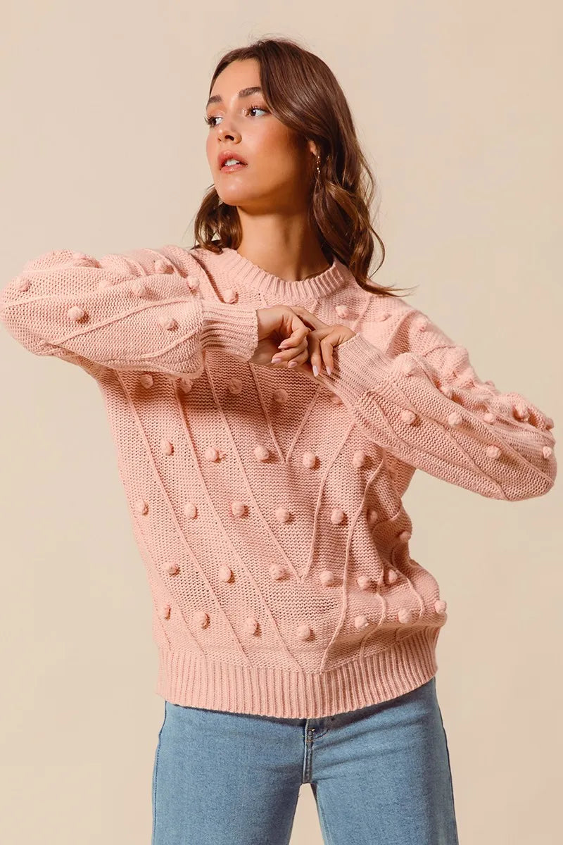 SO ME Pom Pom Textured Knit Sweater Top