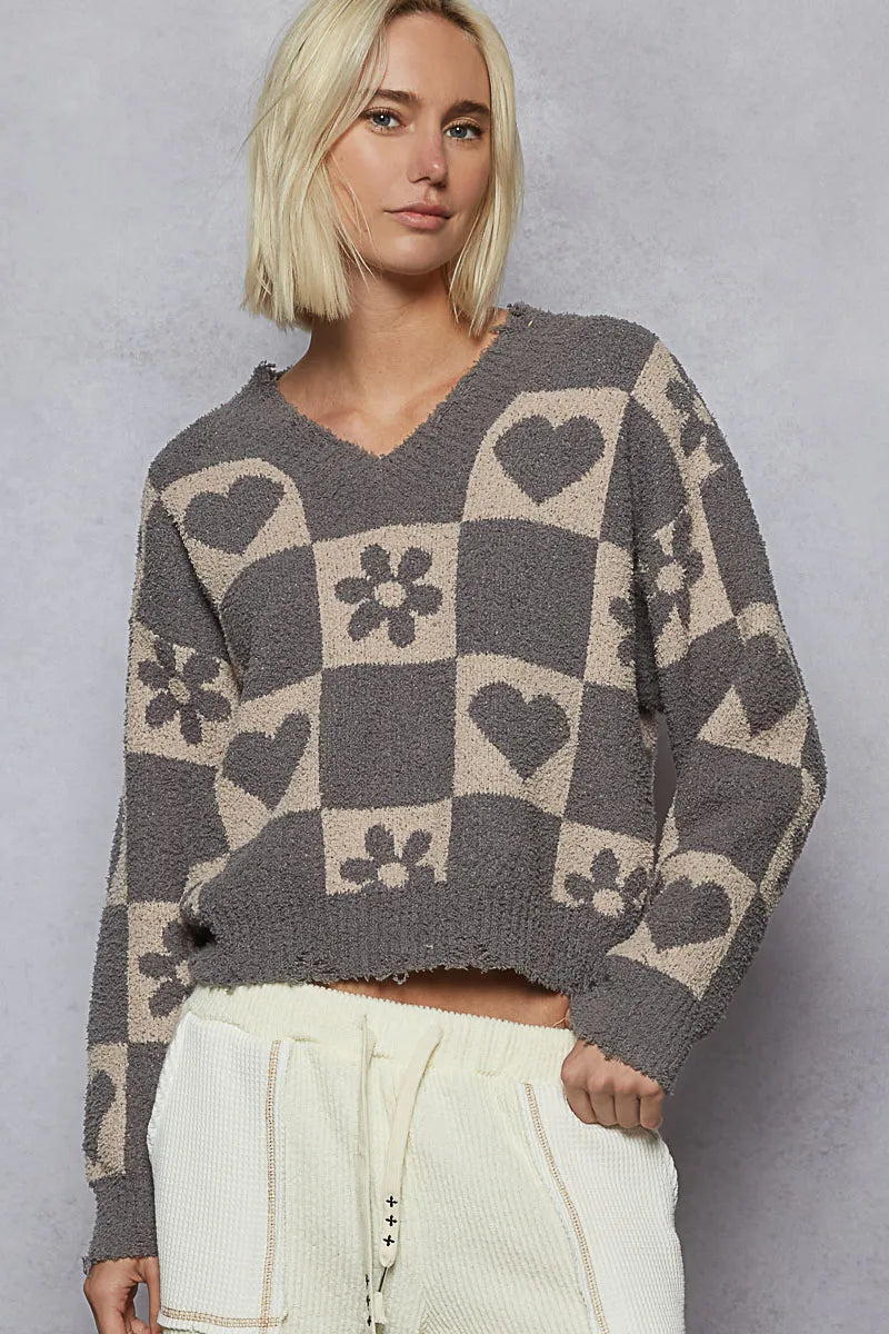 Heart Pattern Checkered Sweater