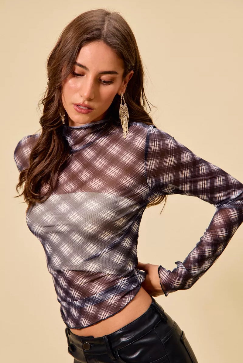 Plaid Mesh Knit Top with Thumb Opening