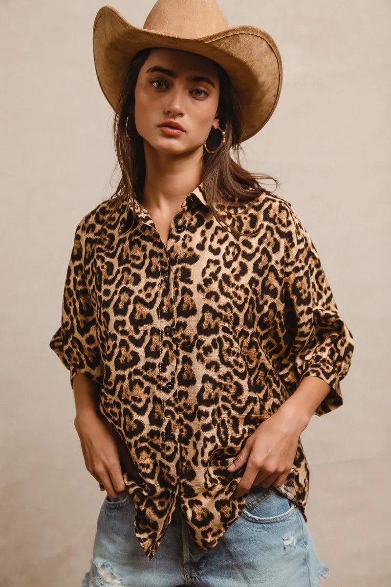 BiBi Leopard Prints Overseized Short Sleeves Top