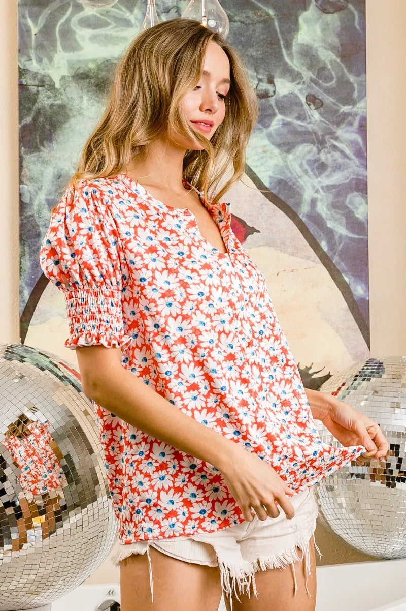 Floral Jacquard Smoked Puff Sleeves Top