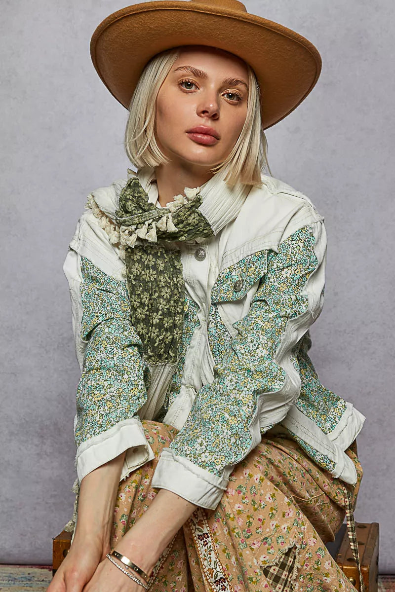 POL Button Down Patchwork Denim Jacket with Floral Print Details