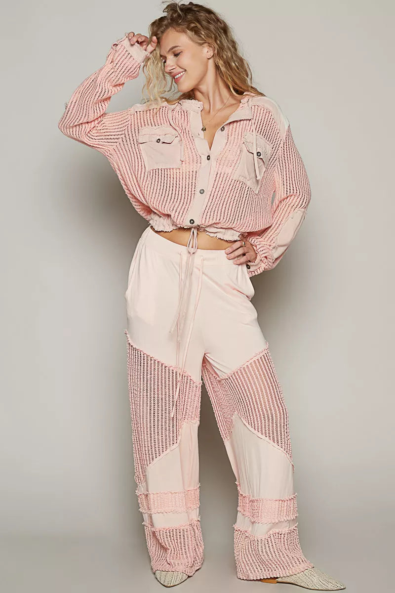 Textured Woven Button Down Hooded Shirt