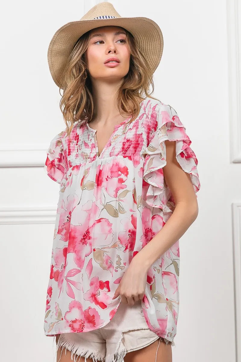Floral Print Flutter Sheer Top