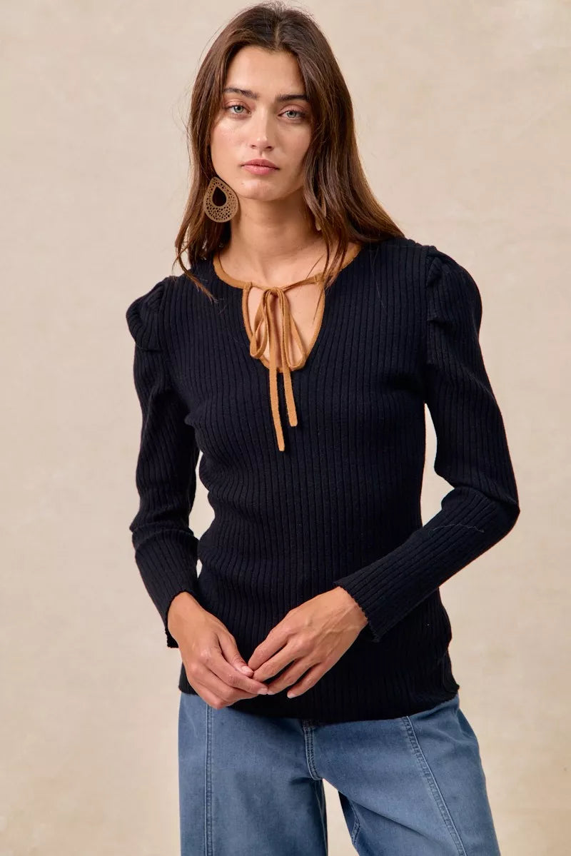 Ribbed Contrast Front Tied Top