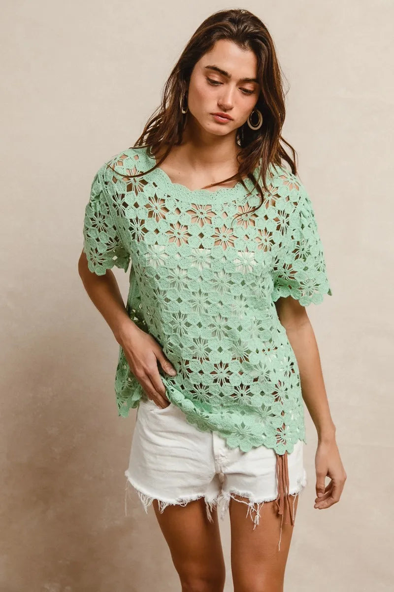Openwork Crochet Short Sleeve Knit Top