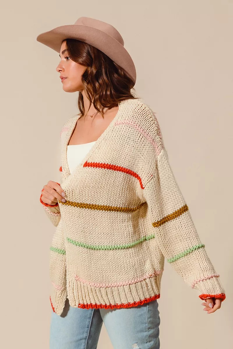 Loose Fit Multi Stripe Open Front Cardigan