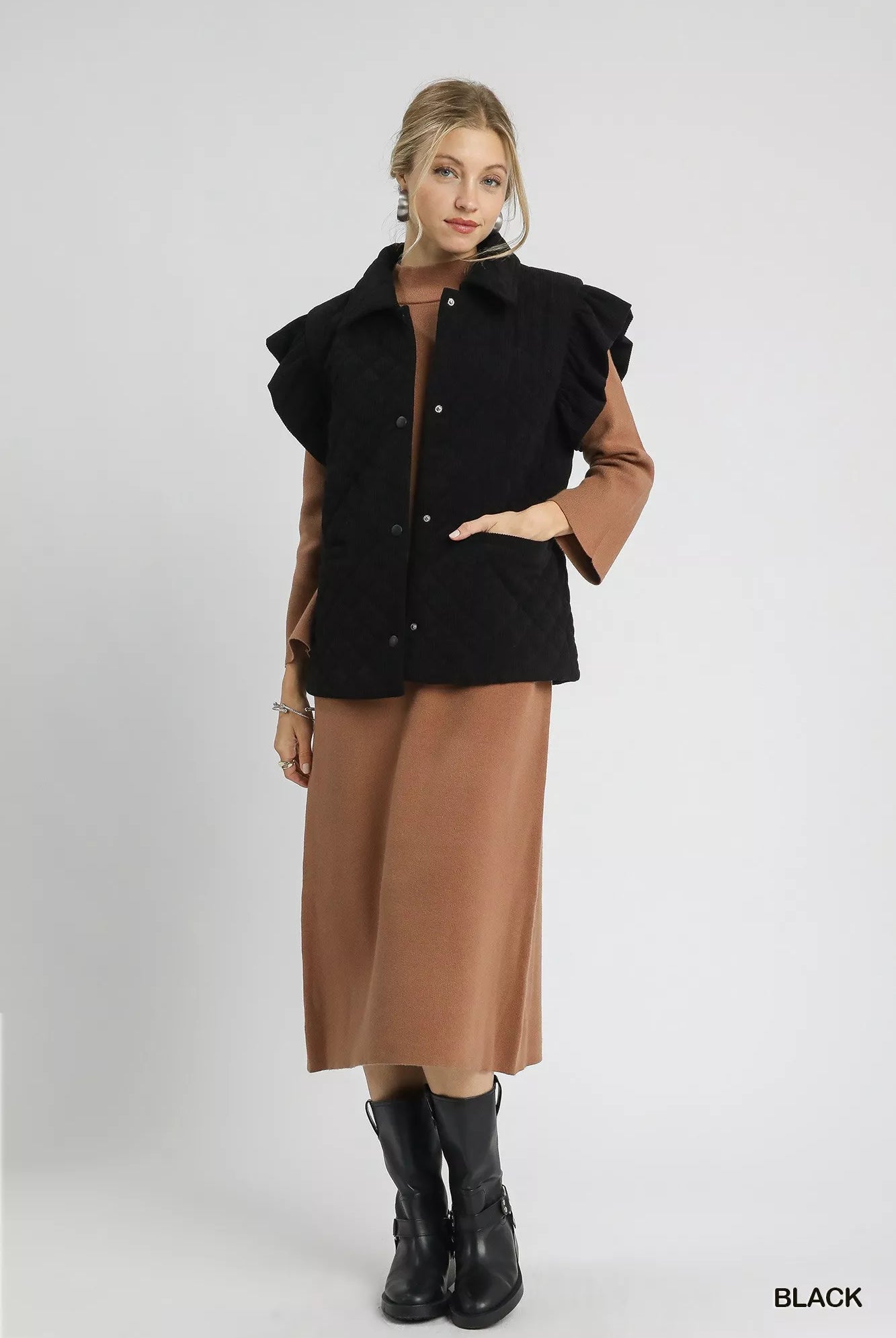 Corduroy Quilted Ruffle Sleeve Vest