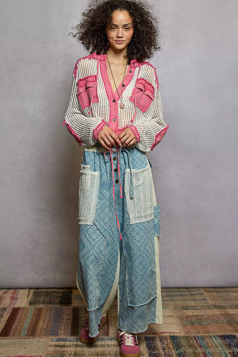 POL Texture Woven Button Down Hooded Shirt with Drawstring Hem