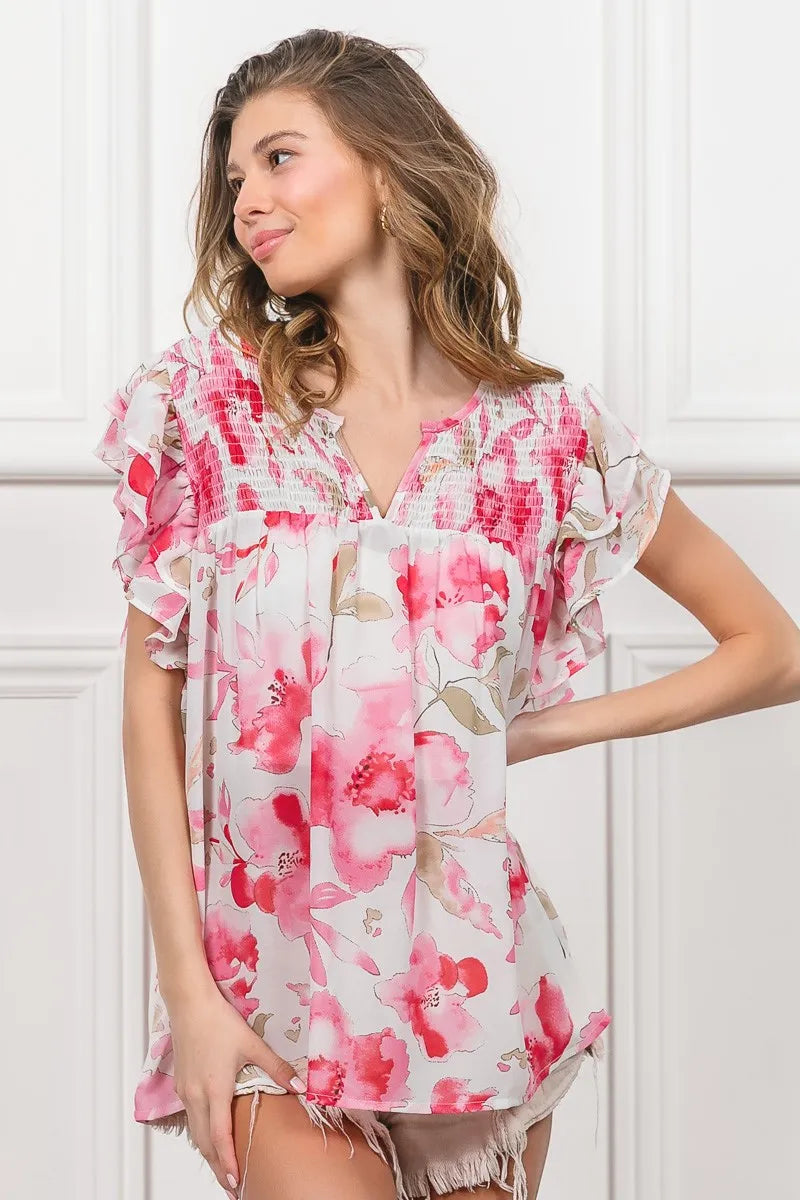 Floral Print Flutter Sheer Top