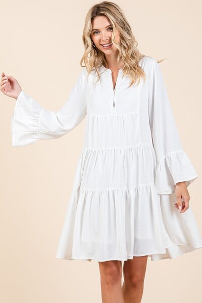 Tiered Notched Flare Sleeve Dress