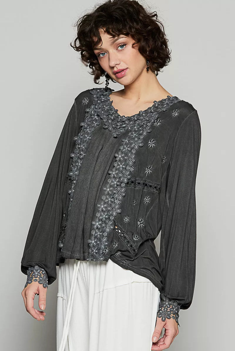 Floral Embroidery Woven Top with Lace Trim