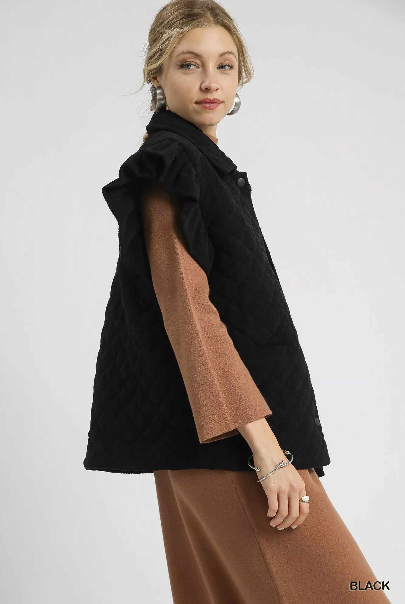 Corduroy Quilted Ruffle Sleeve Vest