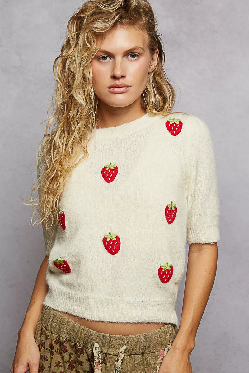 Strawberry Patch Sweater with Shirring Shoulder
