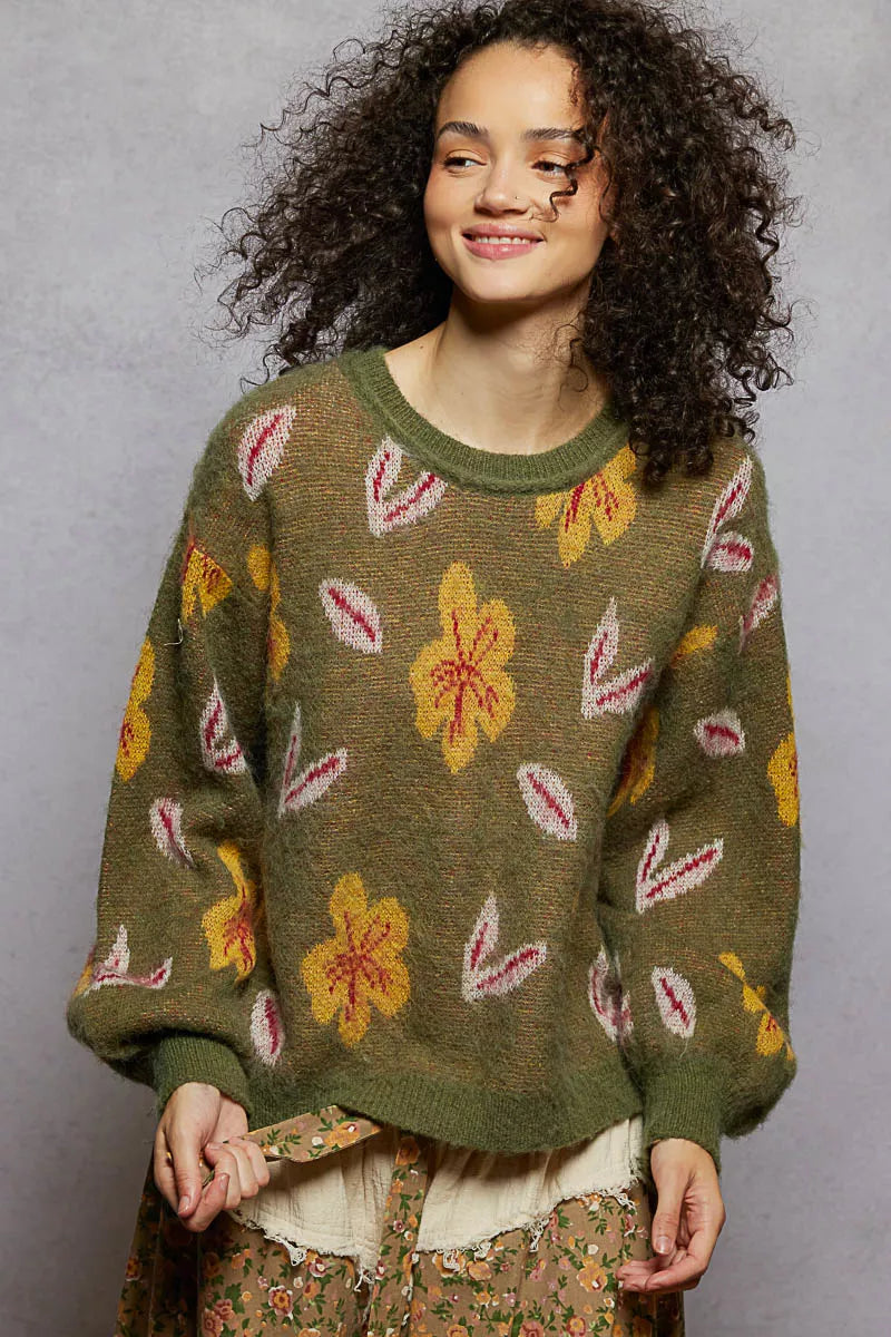 Floral Pattern Balloon Sleeve Sweater