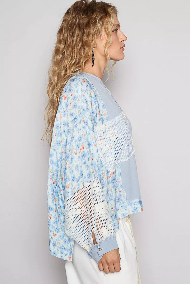 Cropped Gauze Floral Pattern Top