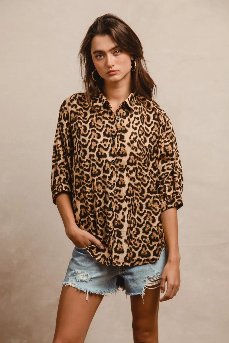 BiBi Leopard Prints Overseized Short Sleeves Top