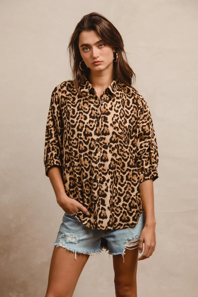 BiBi Leopard Prints Overseized Short Sleeves Top