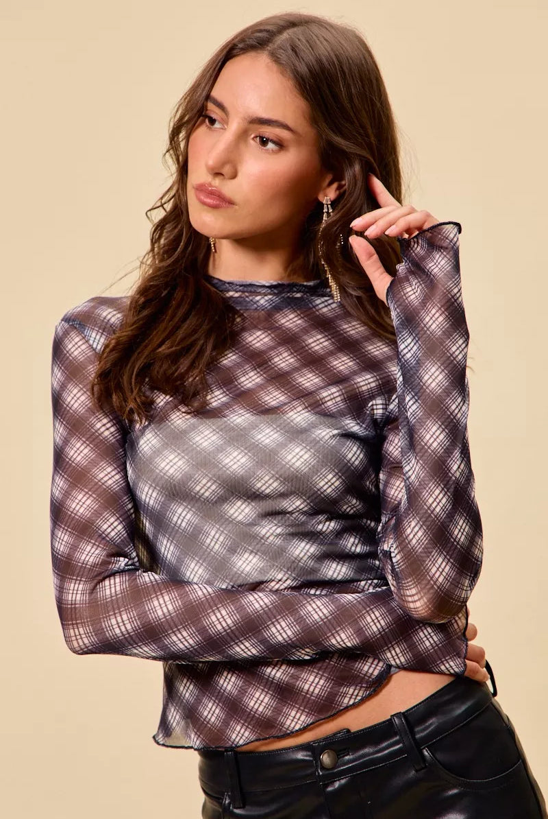 Plaid Mesh Knit Top with Thumb Opening