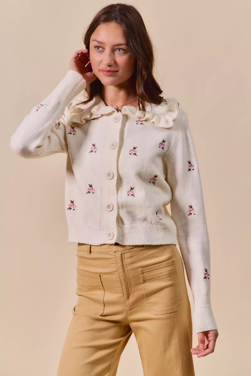 Collared Floral Embroidered Button Down Cardigan