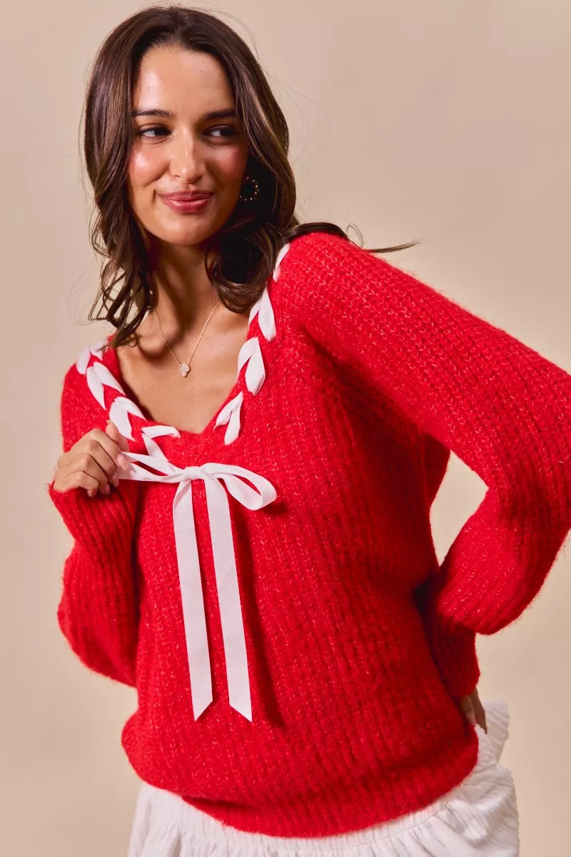 Ribbon Tie V-Neck Sweater