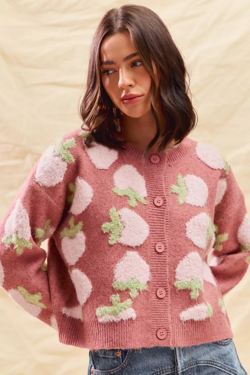 Strawberry Pattern Button-Up Cardigan