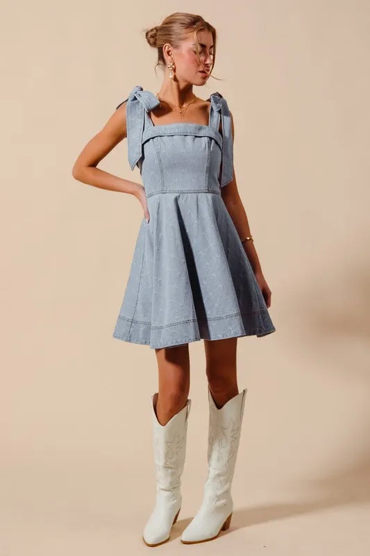 Fit and Flare Diamond Bow Ribbon Denim Dress