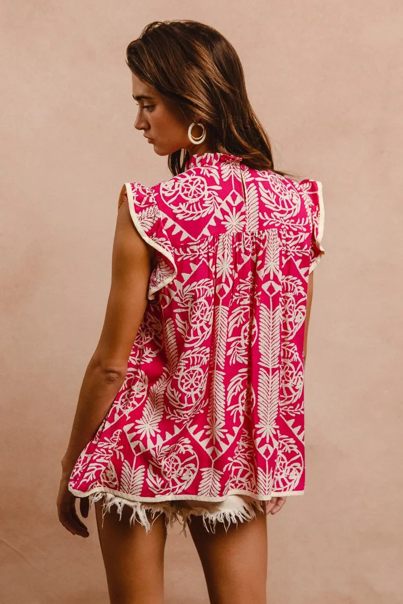 Printed Ruffle Sleeve Top