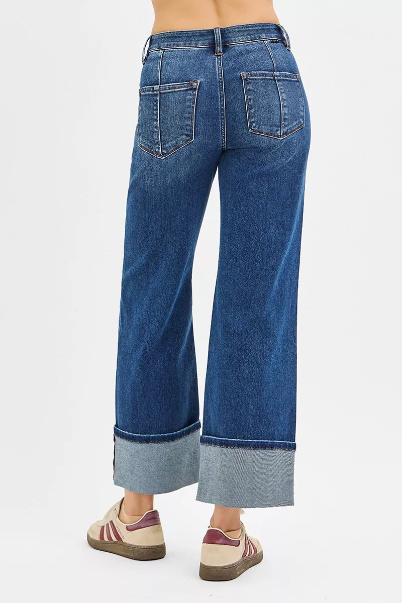 High Rise Crop Wide Straight Cuffed Jeans