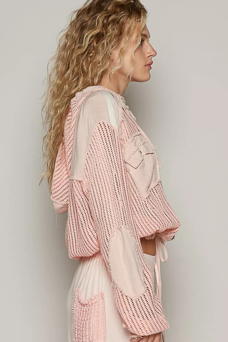 Textured Woven Button Down Hooded Shirt