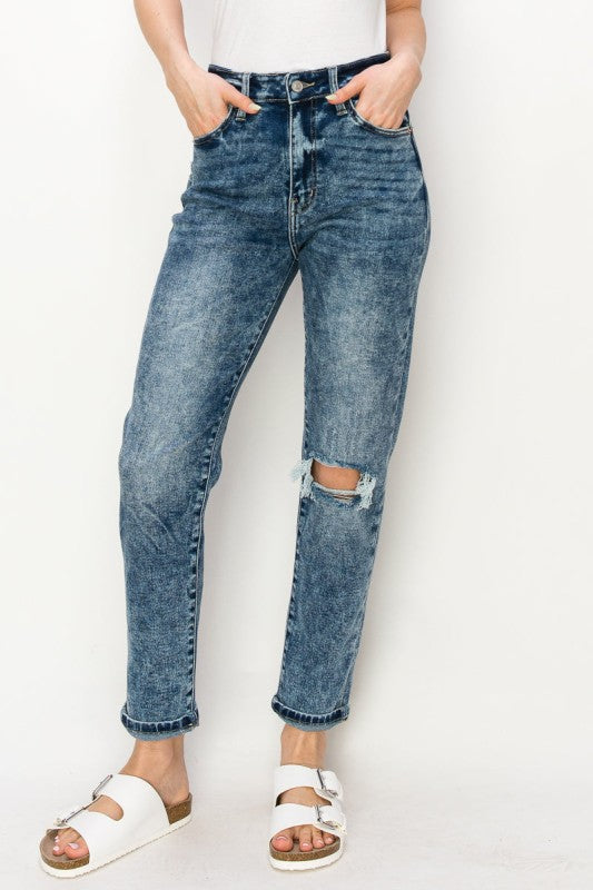High Rise Stretch Distressed Mom Jeans