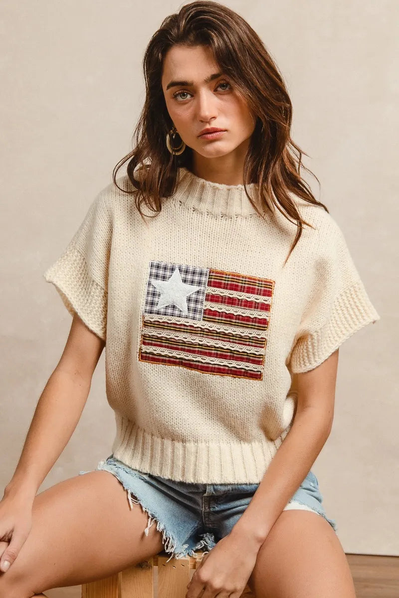BiBi American Flag Patchwork Drop Shoulder Sweater