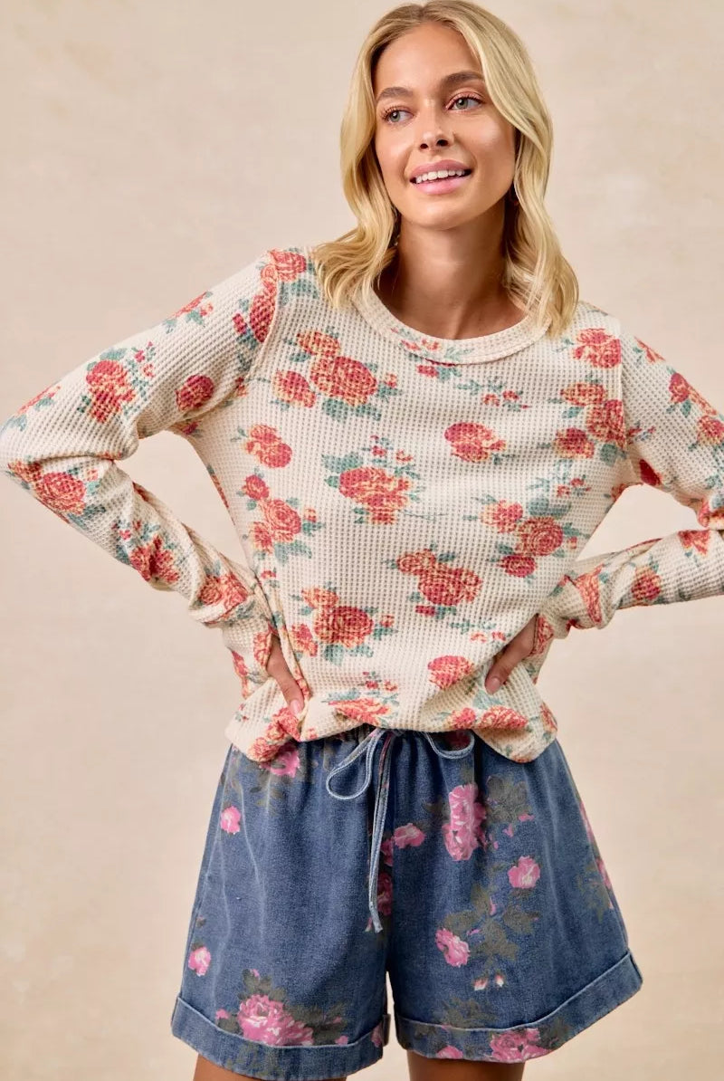Floral Washed Waffle Thermal Top