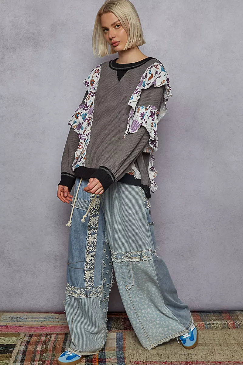 Sweater with Floral Ruffle Detail