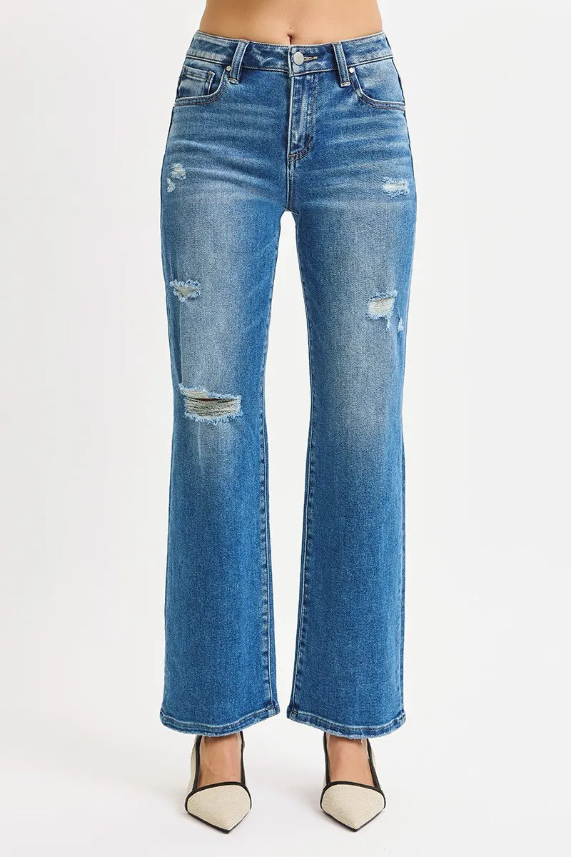 High Rise Ankle Straight Distressed Jeans