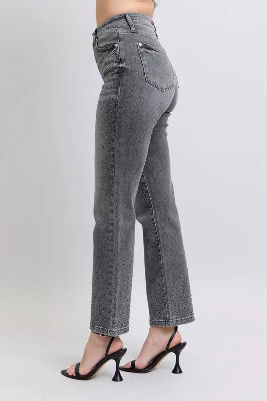High Waist Rhinestone Straight Jeans