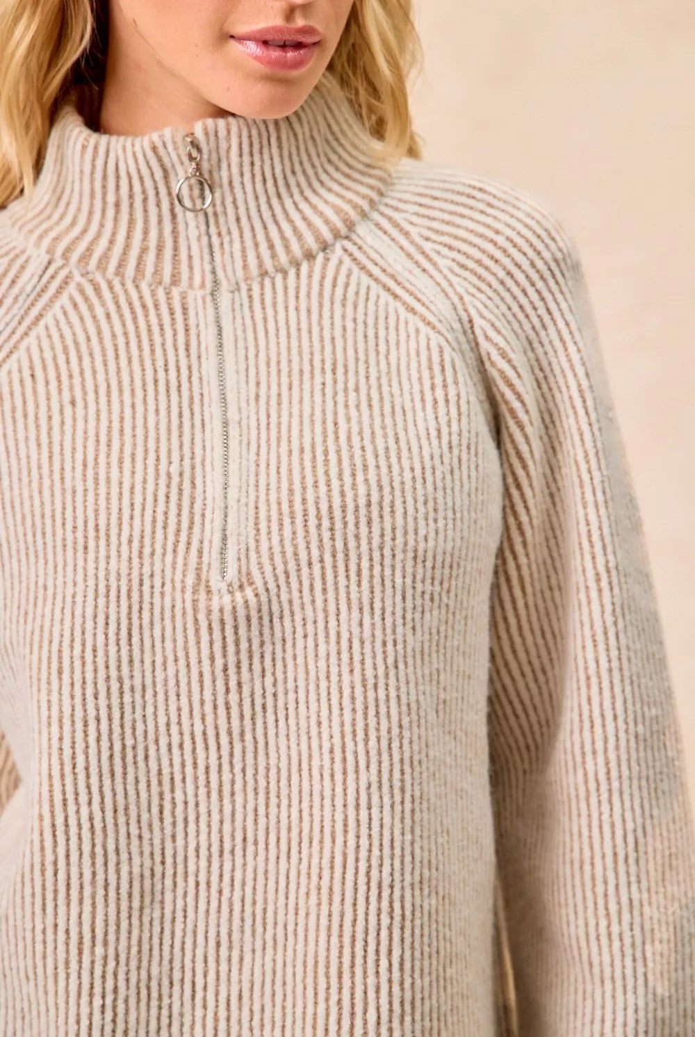 Rib Textured Knit Collared Top with Zip Up