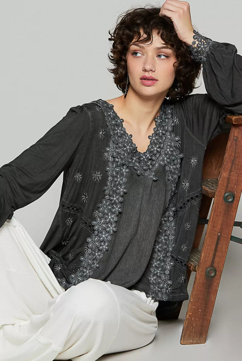 Floral Embroidery Woven Top with Lace Trim